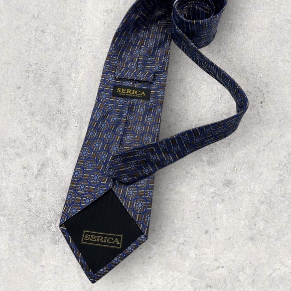 SERICA Blue/Brown Geometric Floral Silk LUXURY Tie HANDMADE ITALY - Picture 2 of 6